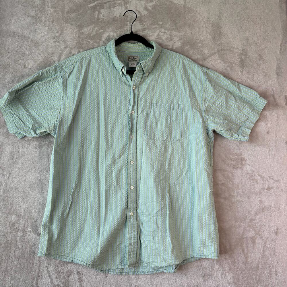 LL Bean Shirt Men's XL Blue Green Striped Seersucker Button Down